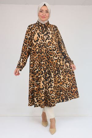 58083 Büyük Beden Mevlana Desenli Bürümcük Gömlek - Siyah-Leopar