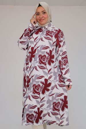 58083 Büyük Beden Mevlana Desenli Bürümcük Gömlek - Gri-Bordo