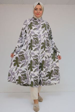 58083 Büyük Beden Mevlana Desenli Bürümcük Gömlek - Gri-Haki