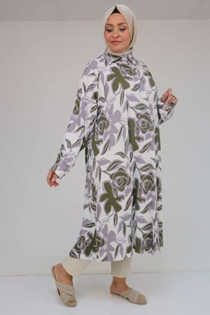 58083 Büyük Beden Mevlana Desenli Bürümcük Gömlek - Gri-Haki