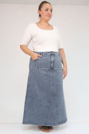 45010 Büyük Beden Parçalı Model Kot Etek - Kar Yıkama Mavi