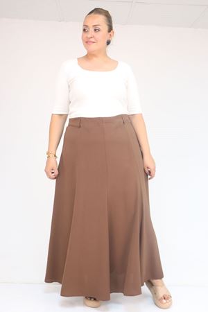 55002 Büyük Beden Kemerli Yandan Fermuarlı Etek - Kahve