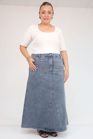 45010 Büyük Beden Parçalı Model Kot Etek - Mavi