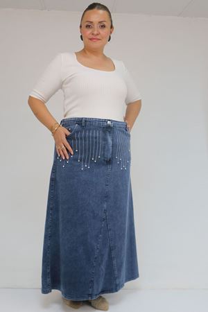 45010 Büyük Beden Parçalı Model Kot Etek - Lacivert