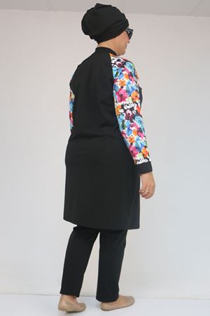 1732 Büyük Beden Balıkçı Yaka Fermuarlı Mayo - Karışık Desen Mavi