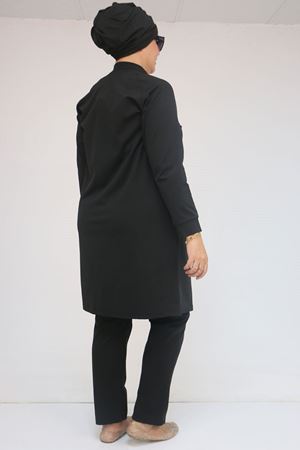 1732 Büyük Beden Balıkçı Yaka Fermuarlı Mayo - Siyah