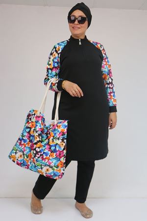 1732 Büyük Beden Balıkçı Yaka Fermuarlı Mayo - Karışık Desen Mavi