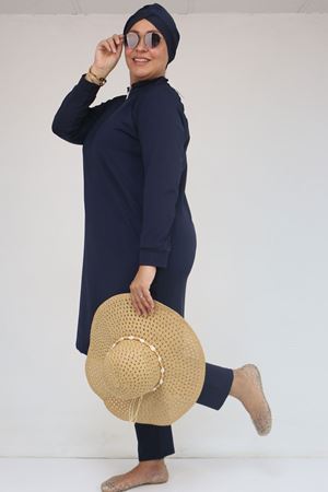 1732 Büyük Beden Balıkçı Yaka Fermuarlı Mayo - Lacivert