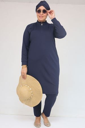 1732 Büyük Beden Balıkçı Yaka Fermuarlı Mayo - Lacivert