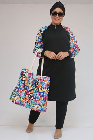 1732 Büyük Beden Balıkçı Yaka Fermuarlı Mayo - Karışık Desen Mavi