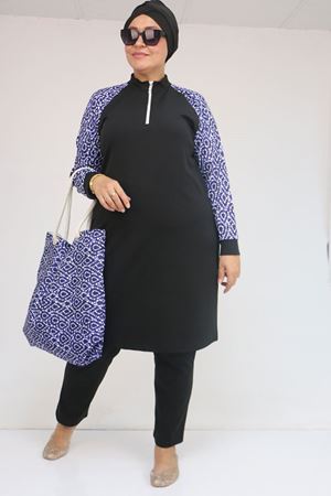 1732 Büyük Beden Balıkçı Yaka Fermuarlı Mayo - Damla Desen Saks