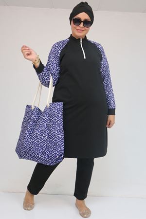 1732 Büyük Beden Balıkçı Yaka Fermuarlı Mayo - Damla Desen Saks