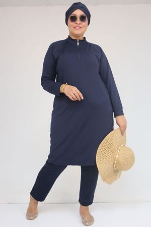 1732 Büyük Beden Balıkçı Yaka Fermuarlı Mayo - Lacivert