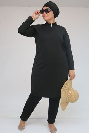 1732 Büyük Beden Balıkçı Yaka Fermuarlı Mayo - Siyah