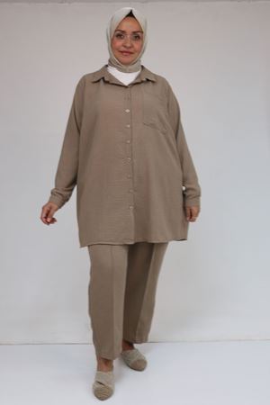 57049 Büyük Beden Erkek Yakalı Pantolonlu Takım - Vizon