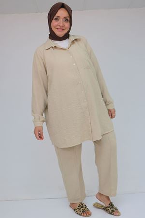 57049 Büyük Beden Erkek Yakalı Pantolonlu Takım - Bej