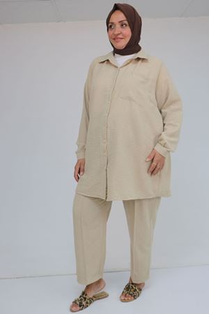 57049 Büyük Beden Erkek Yakalı Pantolonlu Takım - Bej