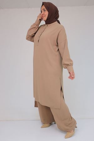 57029 Büyük Beden Yarım Patlı Yırtmaçlı Pantolonlu Takım - Vizon