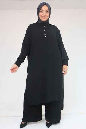 57029 Büyük Beden Yarım Patlı Yırtmaçlı Pantolonlu Takım - Siyah