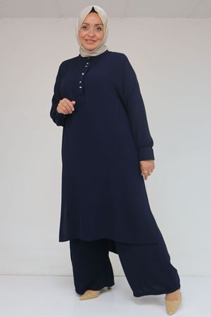 57029 Büyük Beden Yarım Patlı Yırtmaçlı Pantolonlu Takım - Lacivert