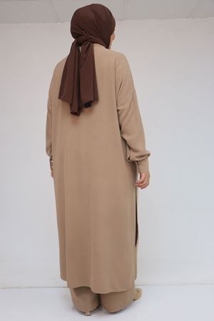 57029 Büyük Beden Yarım Patlı Yırtmaçlı Pantolonlu Takım - Vizon