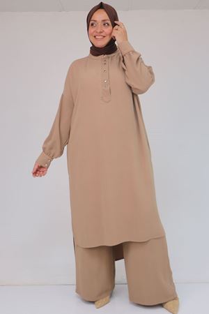 57029 Büyük Beden Yarım Patlı Yırtmaçlı Pantolonlu Takım - Vizon