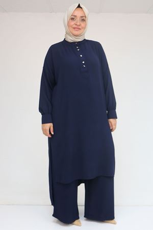 57029 Büyük Beden Yarım Patlı Yırtmaçlı Pantolonlu Takım - Lacivert
