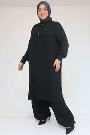 57029 Büyük Beden Yarım Patlı Yırtmaçlı Pantolonlu Takım - Siyah