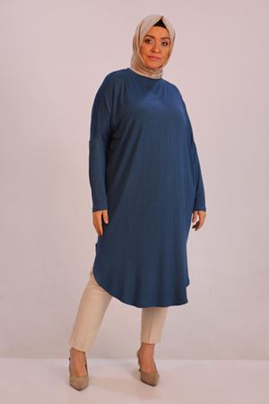 38110  Büyük Beden Düşük Kol Penye Tunik-Petrol