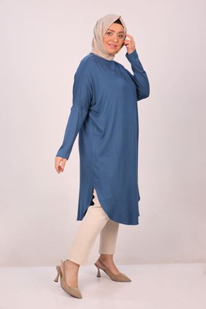 38110  Büyük Beden Düşük Kol Penye Tunik-Petrol