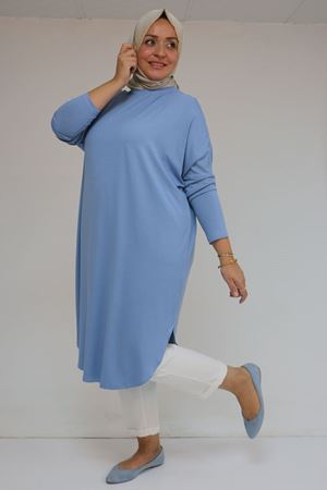 38110  Büyük Beden Düşük Kol Penye Tunik - Buz Mavi