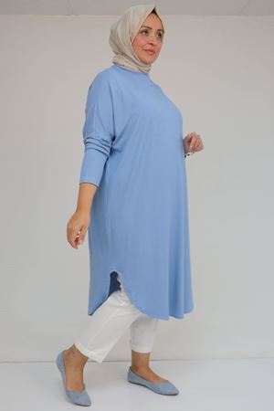 38110  Büyük Beden Düşük Kol Penye Tunik - Buz Mavi