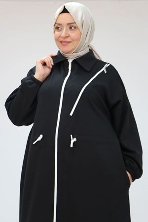 46013 Büyük Beden Fermuar Aksesuar Detaylı Osyho Ferace - Siyah