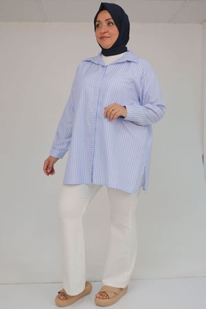 F-58099 Büyük Beden Erkek Yaka Düğmeli Tunik - Çizgili Mavi