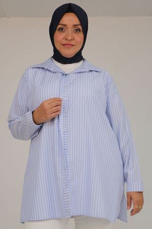 F-58099 Büyük Beden Erkek Yaka Düğmeli Tunik - Çizgili Mavi