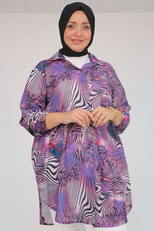 58052 Büyük Beden Erkek Yakalı Jesica Gömlek Tunik - Zebra Desen Mor