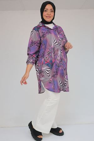 58052 Büyük Beden Erkek Yakalı Jesica Gömlek Tunik - Zebra Desen Mor