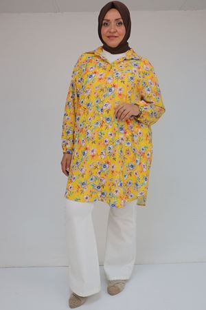 58052 Büyük Beden Erkek Yakalı Jesica Gömlek Tunik - Manolya Desen Hardal