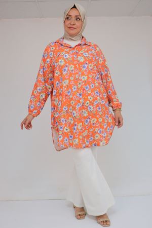 58052 Büyük Beden Erkek Yakalı Jesica Gömlek Tunik - Çiçek Desen Kiremit