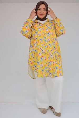 58052 Büyük Beden Erkek Yakalı Jesica Gömlek Tunik - Manolya Desen Hardal
