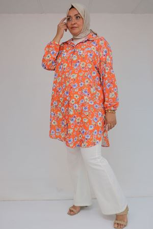 58052 Büyük Beden Erkek Yakalı Jesica Gömlek Tunik - Çiçek Desen Kiremit