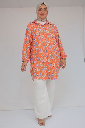 58052 Büyük Beden Erkek Yakalı Jesica Gömlek Tunik - Çiçek Desen Kiremit