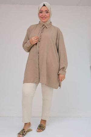 58096 Büyük Beden Erkek Yaka Düğmeli Tunik - Vizon