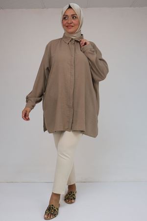 58096 Büyük Beden Erkek Yaka Düğmeli Tunik - Vizon