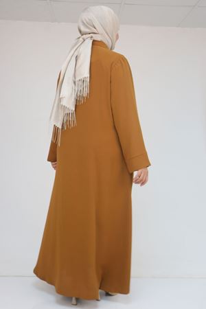 56017 Büyük Beden Taş İşleme Detaylı Krep Ferace - Hardal