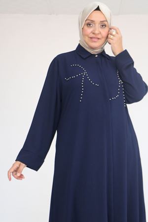 56017 Büyük Beden Taş İşleme Detaylı Krep Ferace - Lacivert
