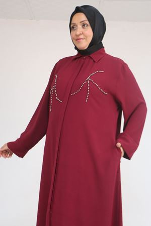 56017 Büyük Beden Taş İşleme Detaylı Krep Ferace - Bordo