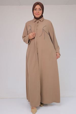 56017 Büyük Beden Taş İşleme Detaylı Krep Ferace - Vizon