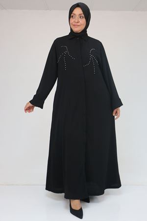56017 Büyük Beden Taş İşleme Detaylı Krep Ferace - Siyah
