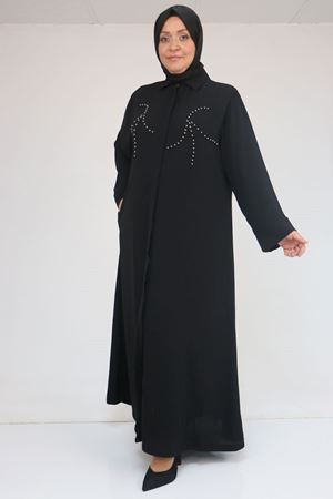56017 Büyük Beden Taş İşleme Detaylı Krep Ferace - Siyah